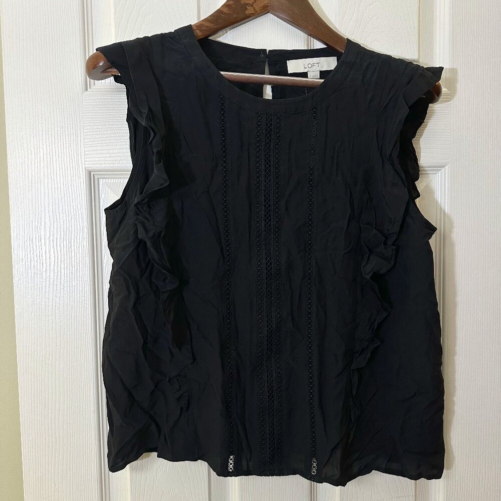 NWT - Loft Black Ruffle Tank with Lace Front Detail - Size M